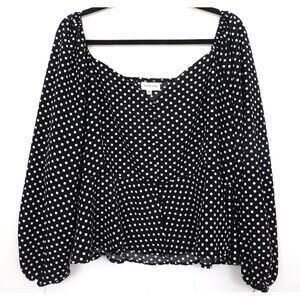 Dizzy Gal PLUS 2X Black/White Polka Dot Balloon Sleeve Button Front Blouse